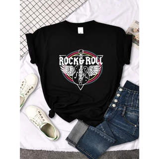 Camiseta Básica Algodão Feminina Rock & Roll Music Guitarra