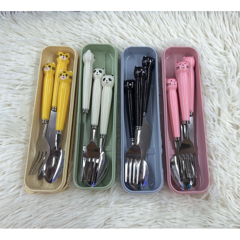 Kit 3 Garfo Colher e faca Aço Inoxidável 4 cores animal N64010