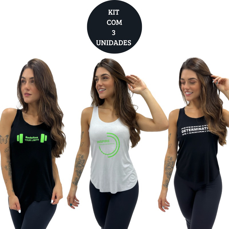 Kit 3 Camisetas Regata Fitness Feminina Blusa Academia Musculação Crossfit Yoga Caminada Treino Exercício Promoção Atacado