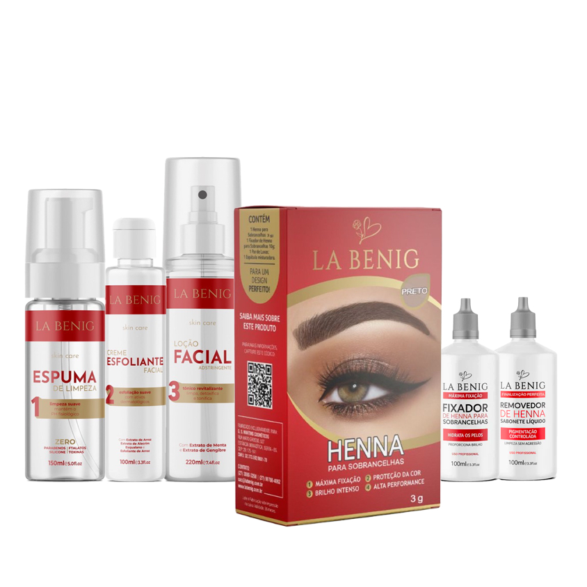 Kit Iniciante Henna + Skin Care 3 produtos + Removedor + Fixador todas as cores