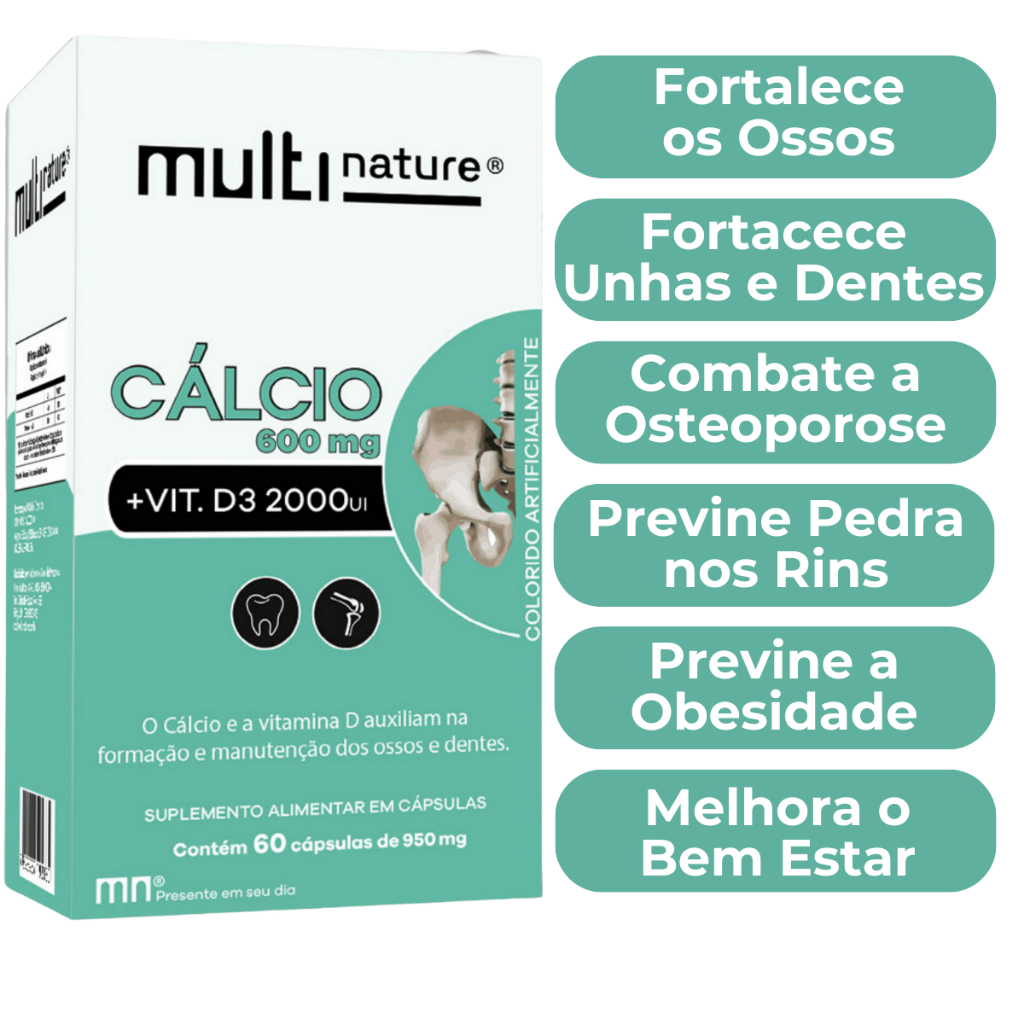 Fortalecimento De Ossos E Dentes Cálcio 600 + Vitamina D3 60 Cápsulas ...