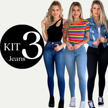 Kit 3 Calça Jeans Skinny Feminina Levanta Bumbum Cintura Alta