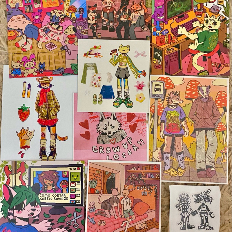 5 mini art prints a sua escolha: ovelha coquette, animais festa grunge, gato gamer, gata cigas, grow up loser, ponto de onibus, gata computador, gato coelho quarto