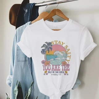 Camiseta Básica Algodão Feminina Stay Salty Sea Waves