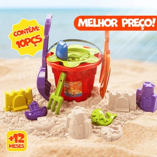 Brinquedo Balde de Praia Completo Com Pá e Rastelo e Moldes Formas de Castelo / Bichos do Mar / Caranguejo / Concha / Peixinho / Peneira Brincadeira de Verão Contém 10 Peças Plástico Resistente Baldinho com Alça de Transporte Fácil - ENVIO IMEDIATO