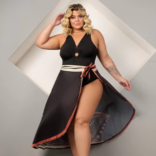 Conjunto Kit Maiô Forrado Engana Mamãe Com Pareô Plus Size Saída de Praia Canga Moda Maior Curve