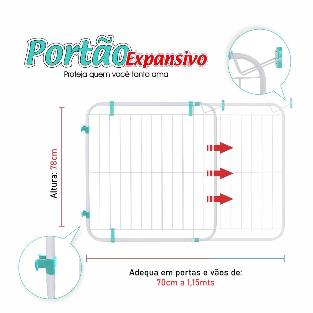 Portão Expansivo Grade Proteção Criança Pet Cachorro ( 70cm a 115cm)