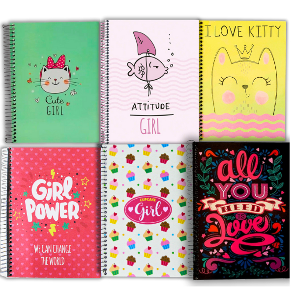 Kit 6 Cadernos Espiral Grande Escolar Menina Capa Dura Arame Volta as ...