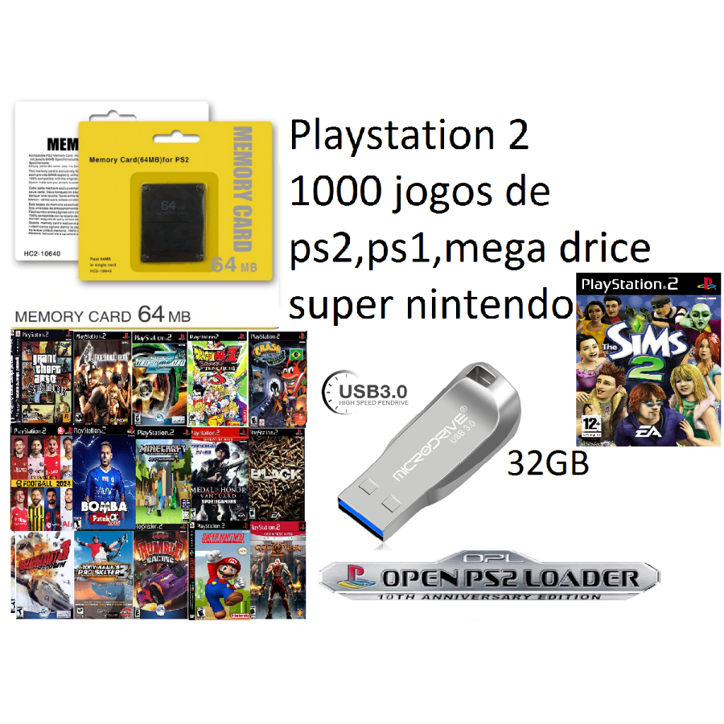 Pen Drive 32gb + 1000 jogos Ps2/Super Nintendo + Memory card 64mb
