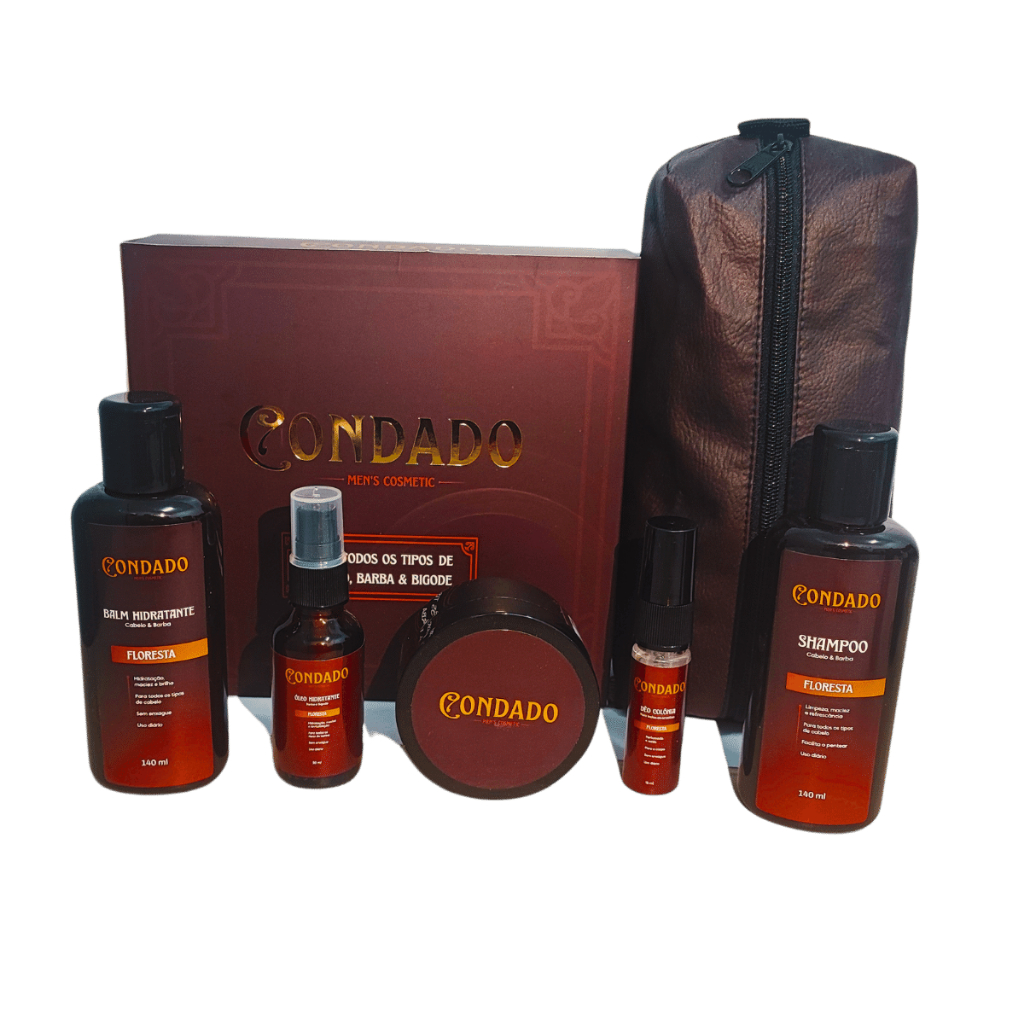 Kit Barba Cabelo Bigode Condado Shampoo Balm Hidratante Óleo Modelador Colônia Necessaire Couro Presente