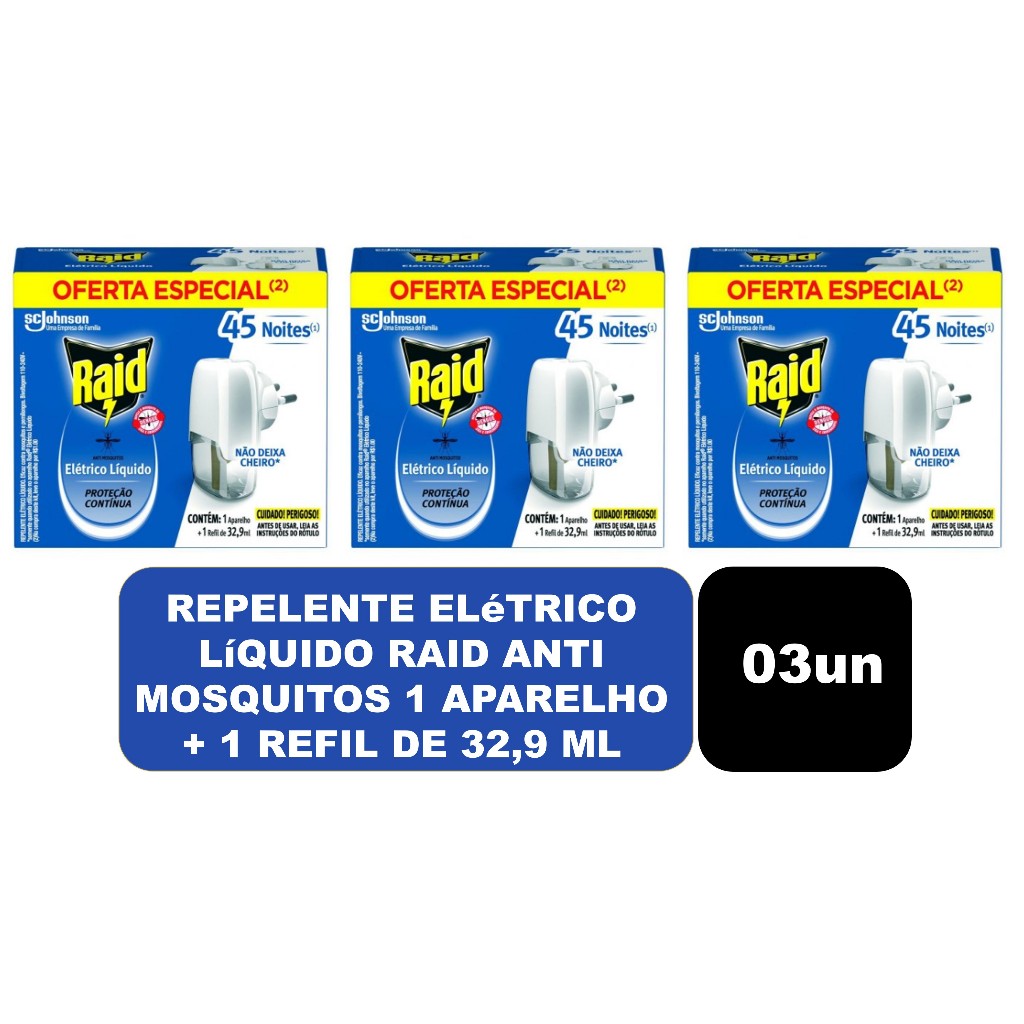 Kit com 03un Repelente Elétrico Líquido Raid Anti Mosquitos 1 Aparelho ...