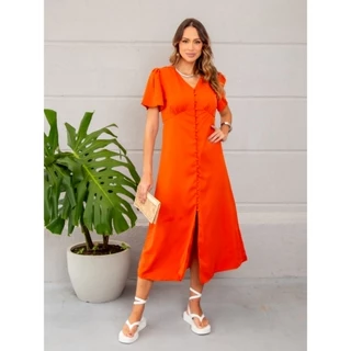 VESTIDO MIDI FEMININO BOTÕES LISO COM FENDA FRONTAL COM FORRO ELEGANTE