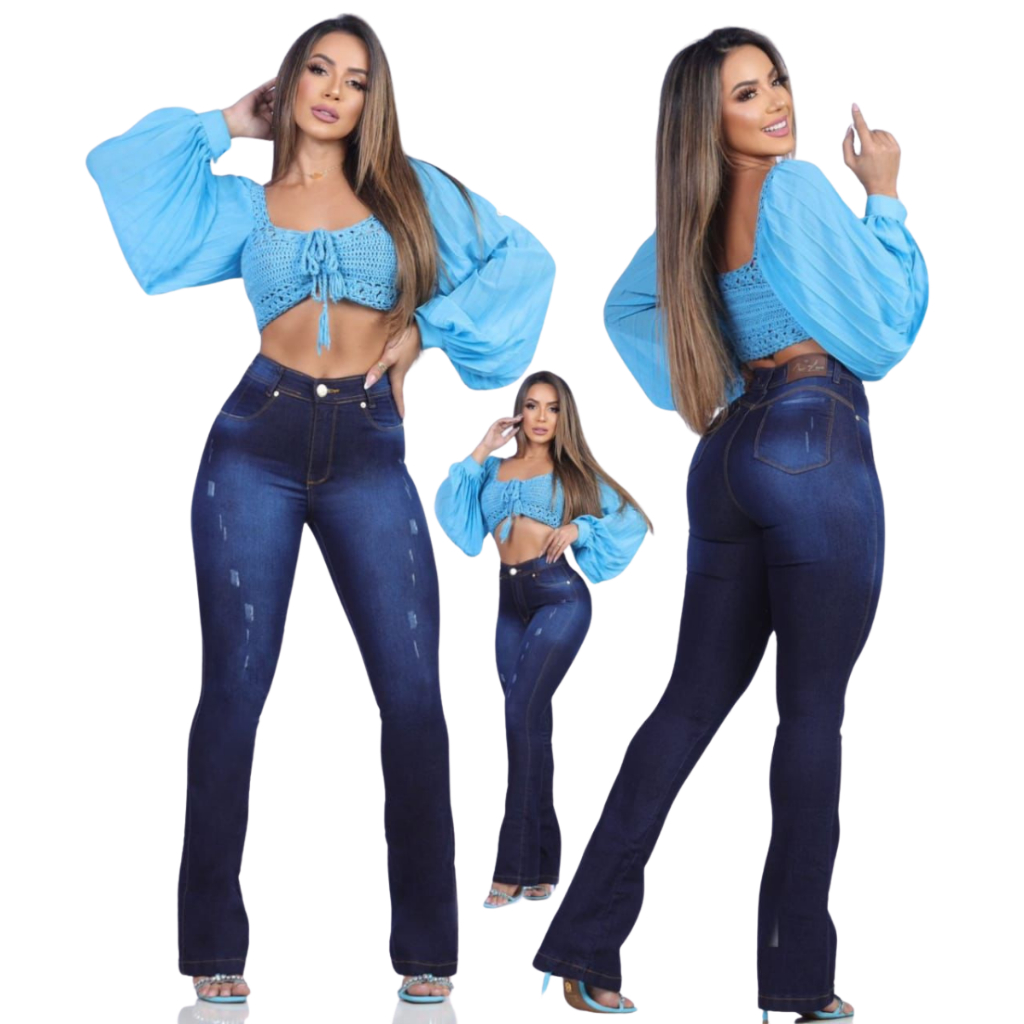 Calça Jeans Feminina Flare Cós Alto Levanta Bumbum Hot Pants Lycra