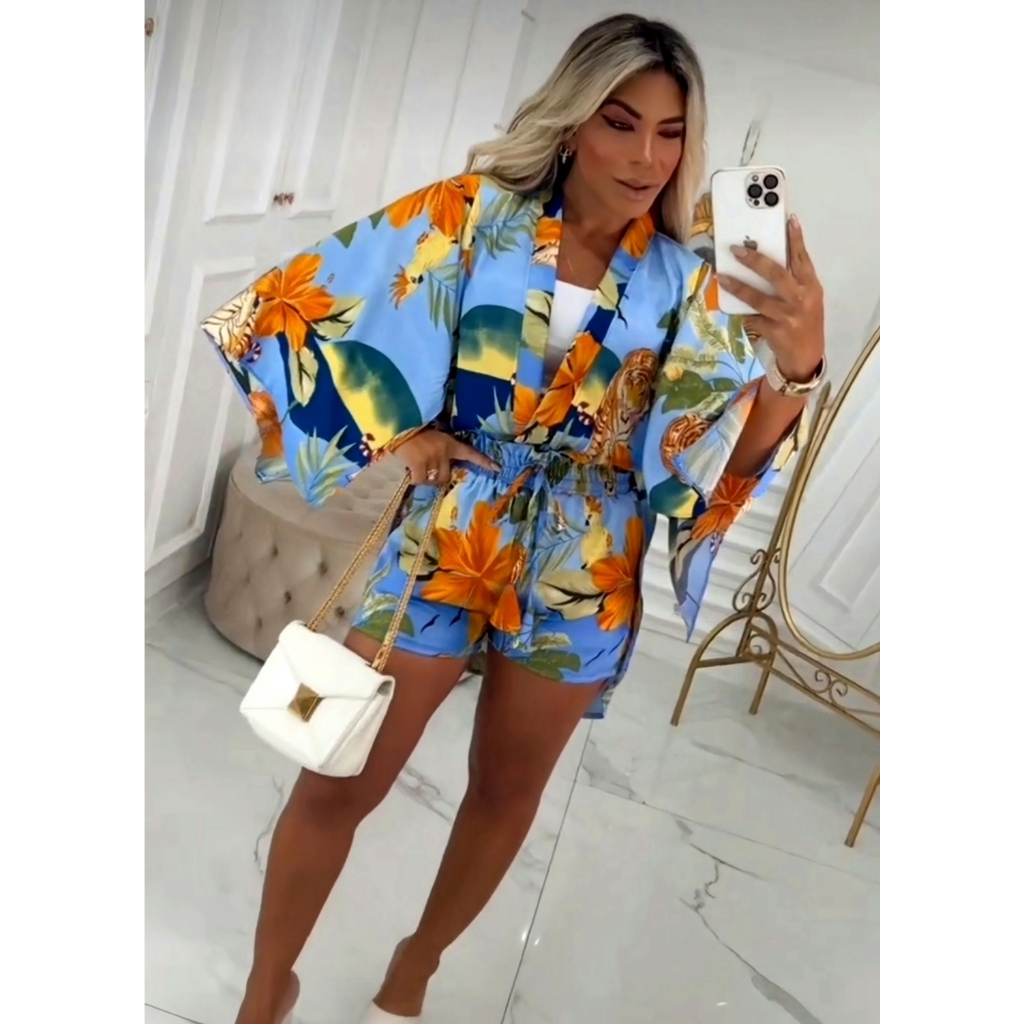 Kimono Farm Feminino Conjunto kimono e Short kimono | Shopee Brasil