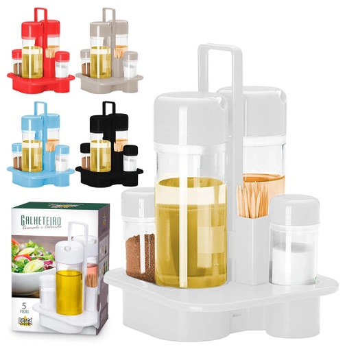 Galheteiro Acrílico de mesa/Temperos Branco e Preto Delta 5 Peças Saleiro Azeite Pimenteiro Vinagre