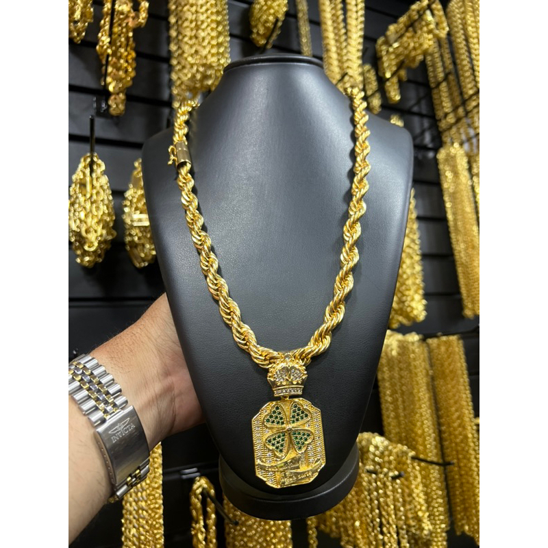 Cordao baiano 12mm 70cm+ trevo banhado a ouro 18k | Shopee Brasil