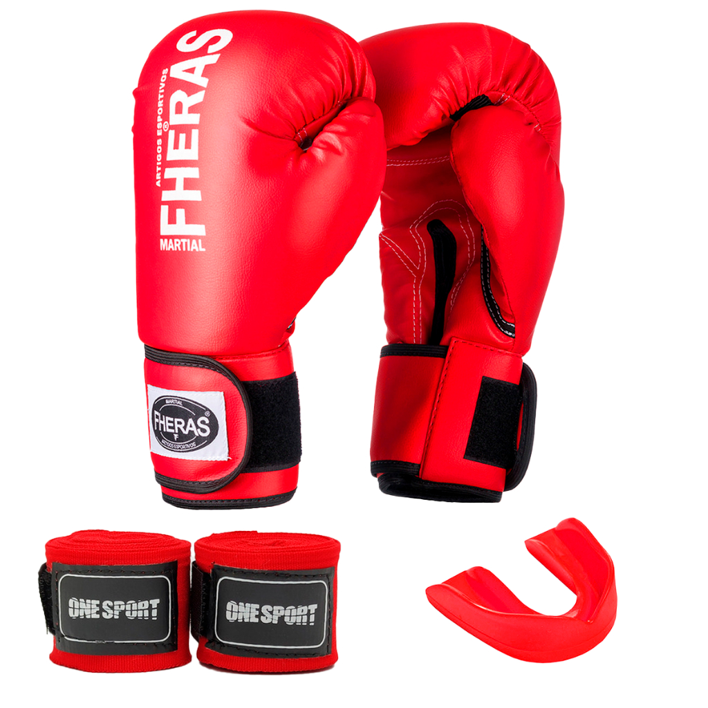 Kit Boxe Muay Thai Luvas Fheras + Bandagem 2,5m + Protetor Bucal P/ Treinos e Lutas