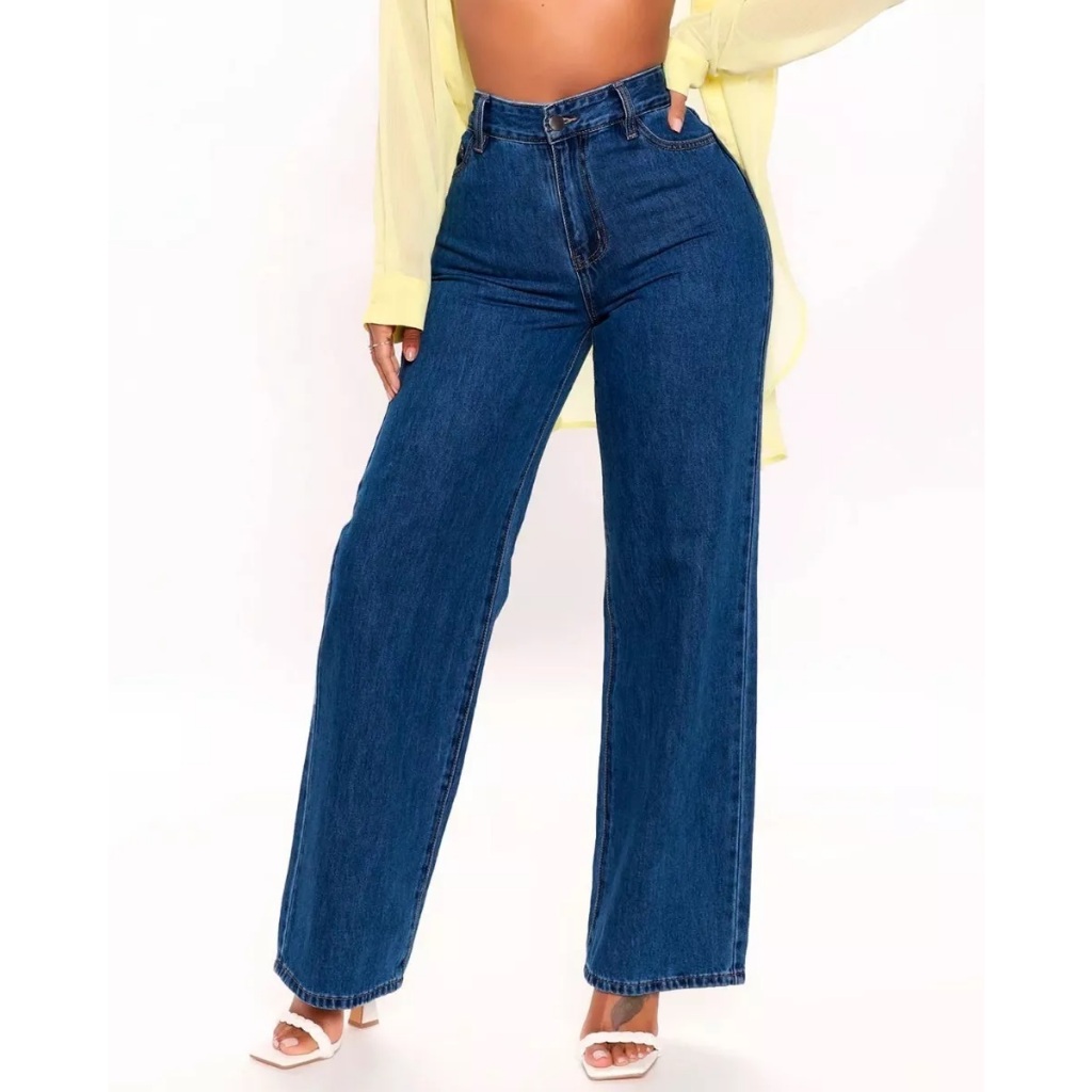 Calça Jeans Wide Leg Feminina Pantalona Solta Flare Elastano