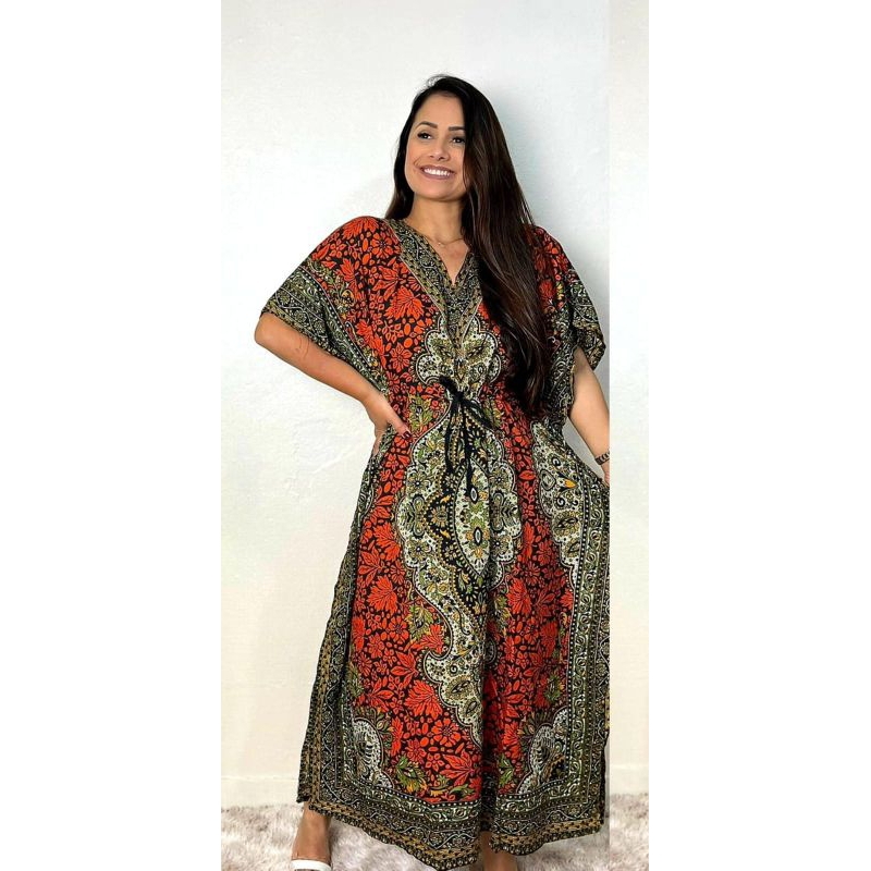 vestido kaftan indiana estampada saida de praia plus size | Shopee Brasil