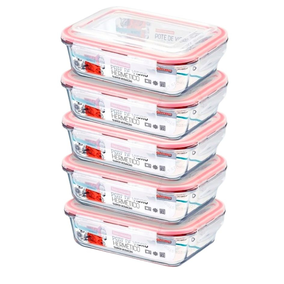 Kit 5 Potes Hermético Vidro 1040ml Grande Transparente Retangular Tampa Silicone Hermética p/ Marmita Almoço Microondas Forno Freezer