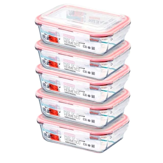 Kit 5 Potes Hermético Vidro 1040ml Grande Transparente Retangular Tampa Silicone Hermética p/ Marmita Almoço Microondas Forno Freezer