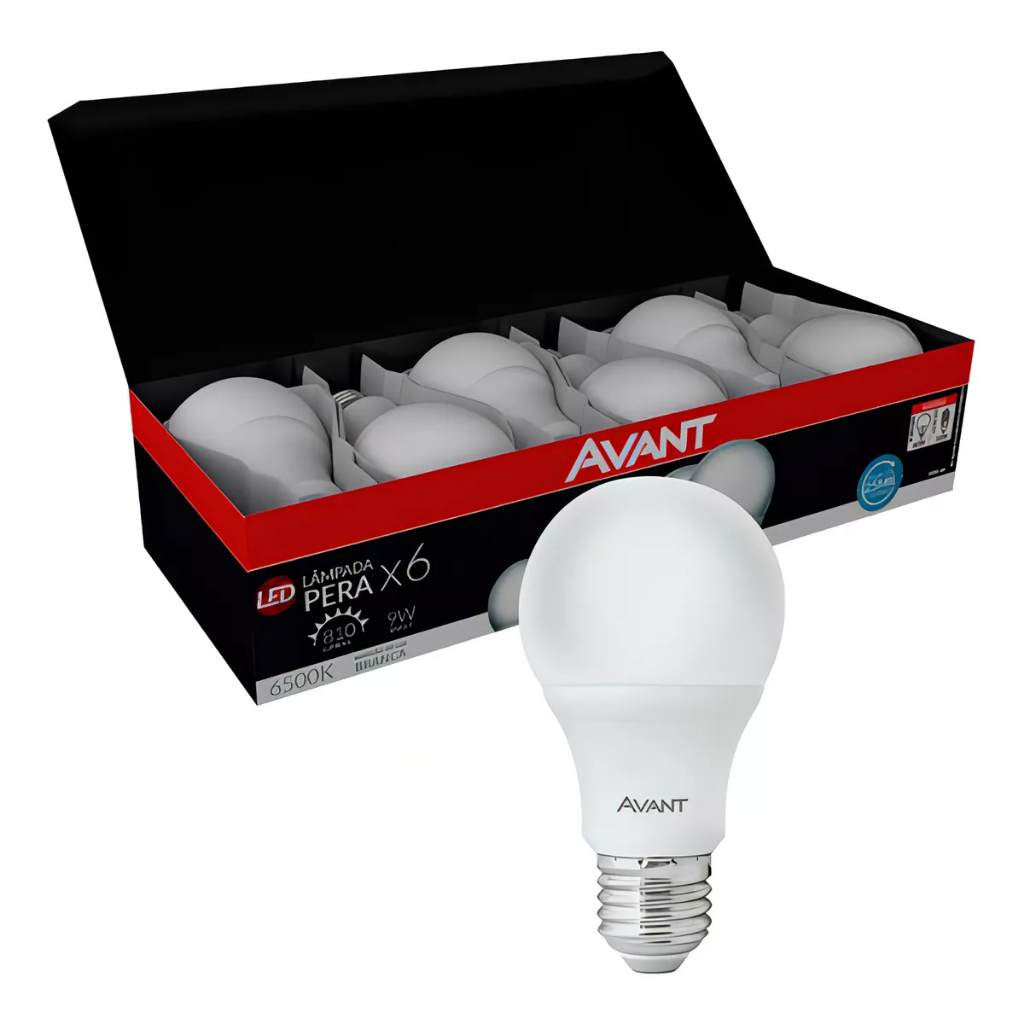 Kit 6 Lâmpadas Led 9w AVANT Pêra Bulbo 6500k Luz Branca E27 110v/220v