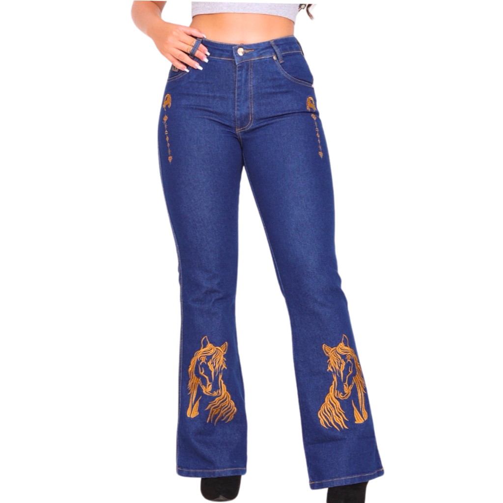 Calça Country Jeans Feminina Bordada Desenho Cavalo Roça Rodeio ...