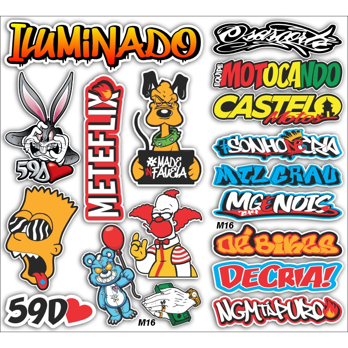 Cartela de adesivos Bike Carro Moto montadinha Capacete caminhão grau ...