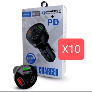 kit 10/6 Carregador Turbo 55w PD Tipo C Veicular Compativel QCC-006/le-407(car)