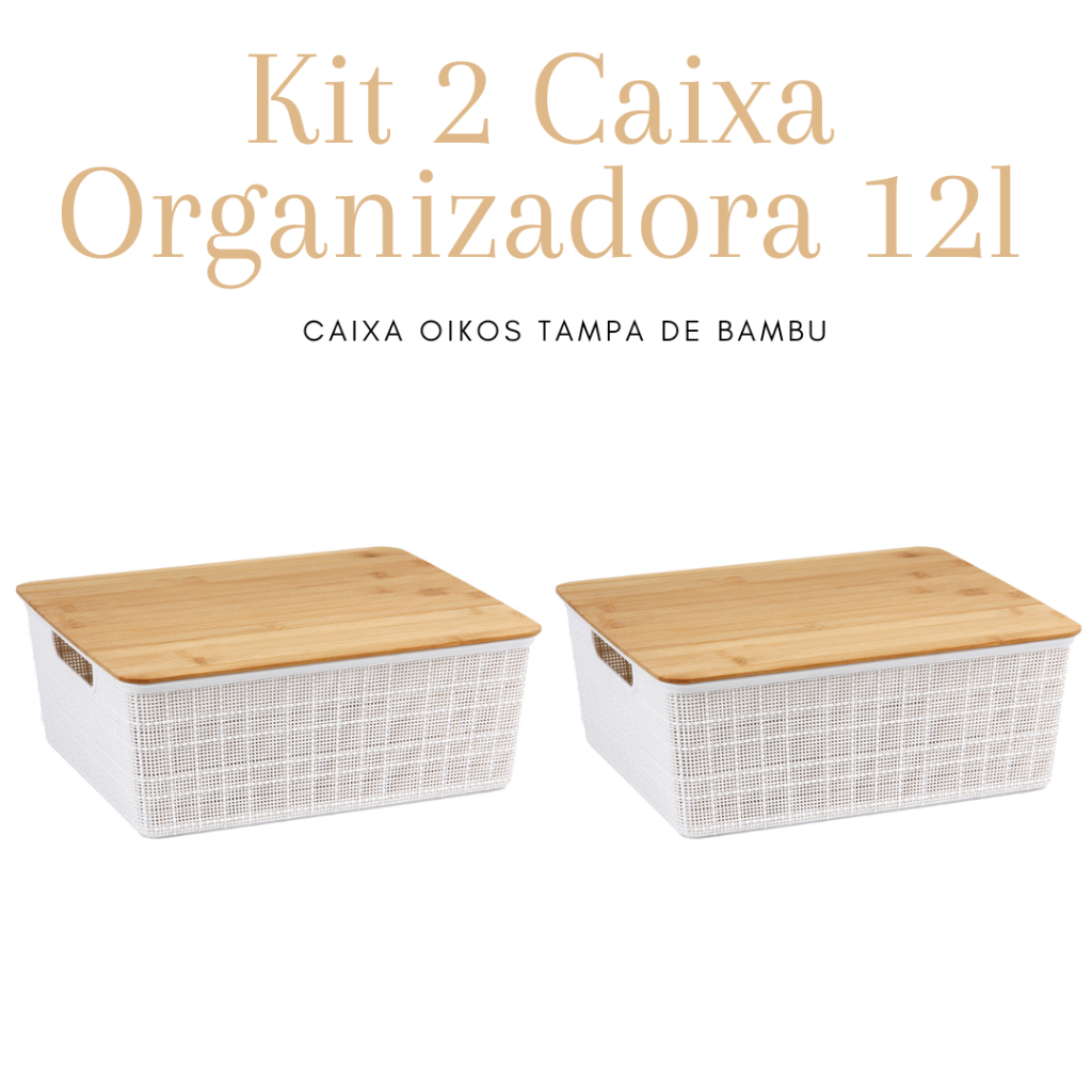 Kit 2 Caixas Organizadora Plástica Tampa De Bambu Branca 12l - Super Compra  do Dia