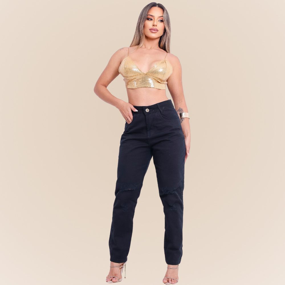 Calca Mom Feminina jeans Detalhes Rasgado com Bolso e Cintura Alta