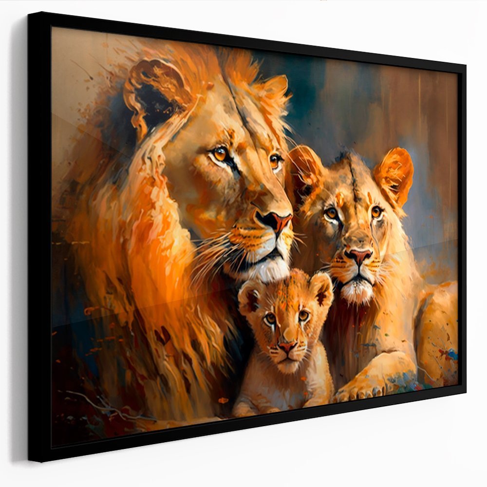 Quadro Decorativo 110x80cm Família de Leões Leão Leoa Seu Filhote Sala Quarto Hall Casa Decoração De Parede Mdf Adesivo