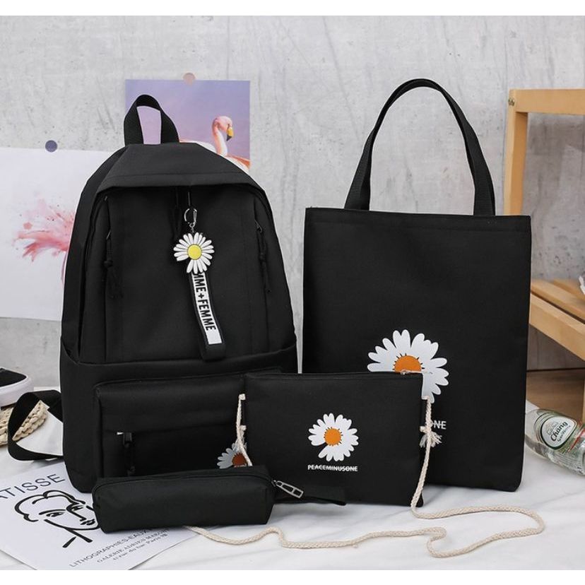 Kit Mochila Feminina Escolar 4 Peças Bolsa Pequena + Bolsa Sacola + Estojo Margarida Material Resistente Alta Qualidade