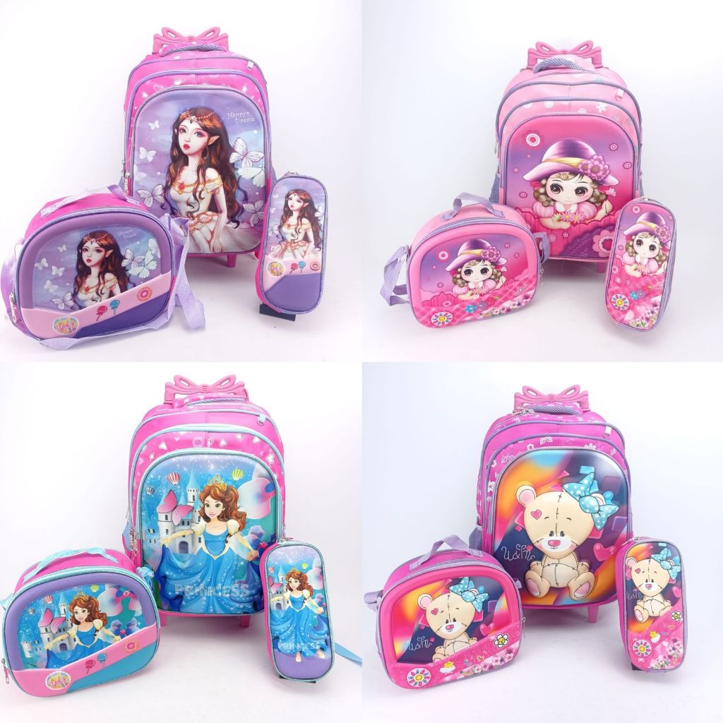 kit mochila escolar infantil de menina com rodinhas com lancheira e estojo fosco borboleta / unicórnio / princesa e pet / princesa borboleta / bonequinha rosa / castelo da princesa / unicórnio girassol / fada encantada bonequinha / irmãs princesa