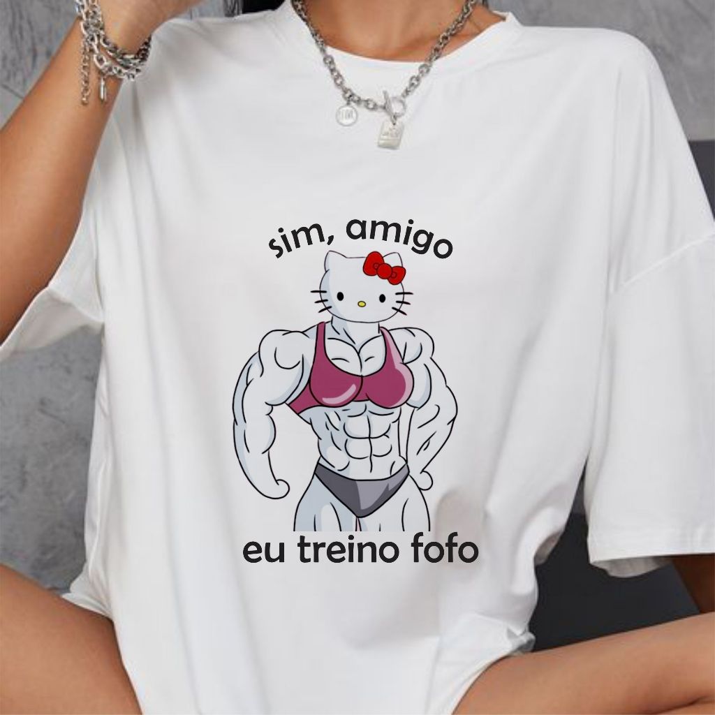 Camiseta Academia Hello Kitty Sim Amigo Eu Treino Fofo Blusa De Treino Feminina Preta E Branca
