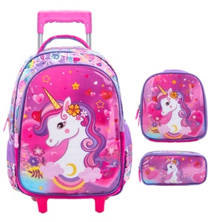 Kit Mochila Carrinho Infantil Estojo duplo Lancheira Térmica Escolar Menina  Princesas Resistente - Roxo