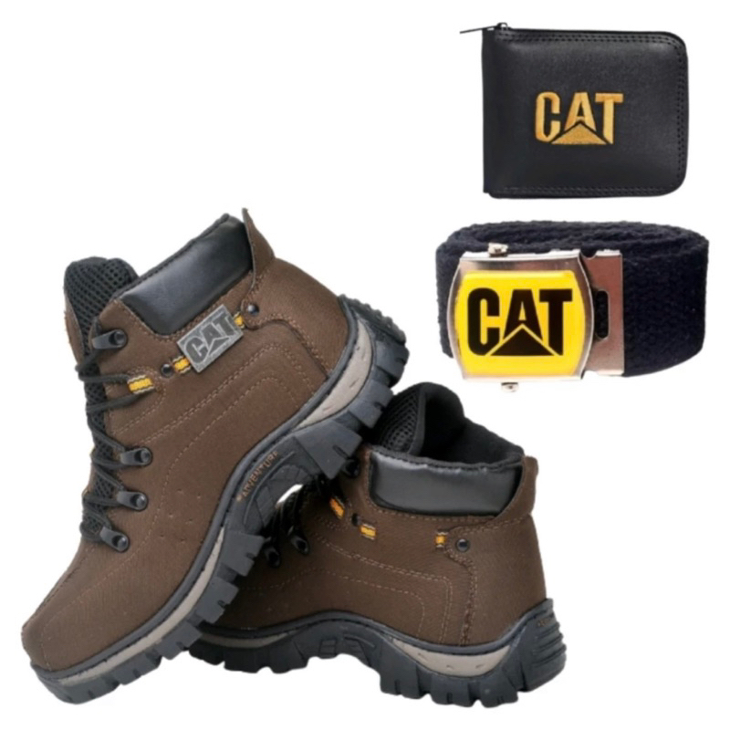 Bota Masculina Caterpillar Original Casual Adventure de Couro Confort Costurado + Cinto e Carteira