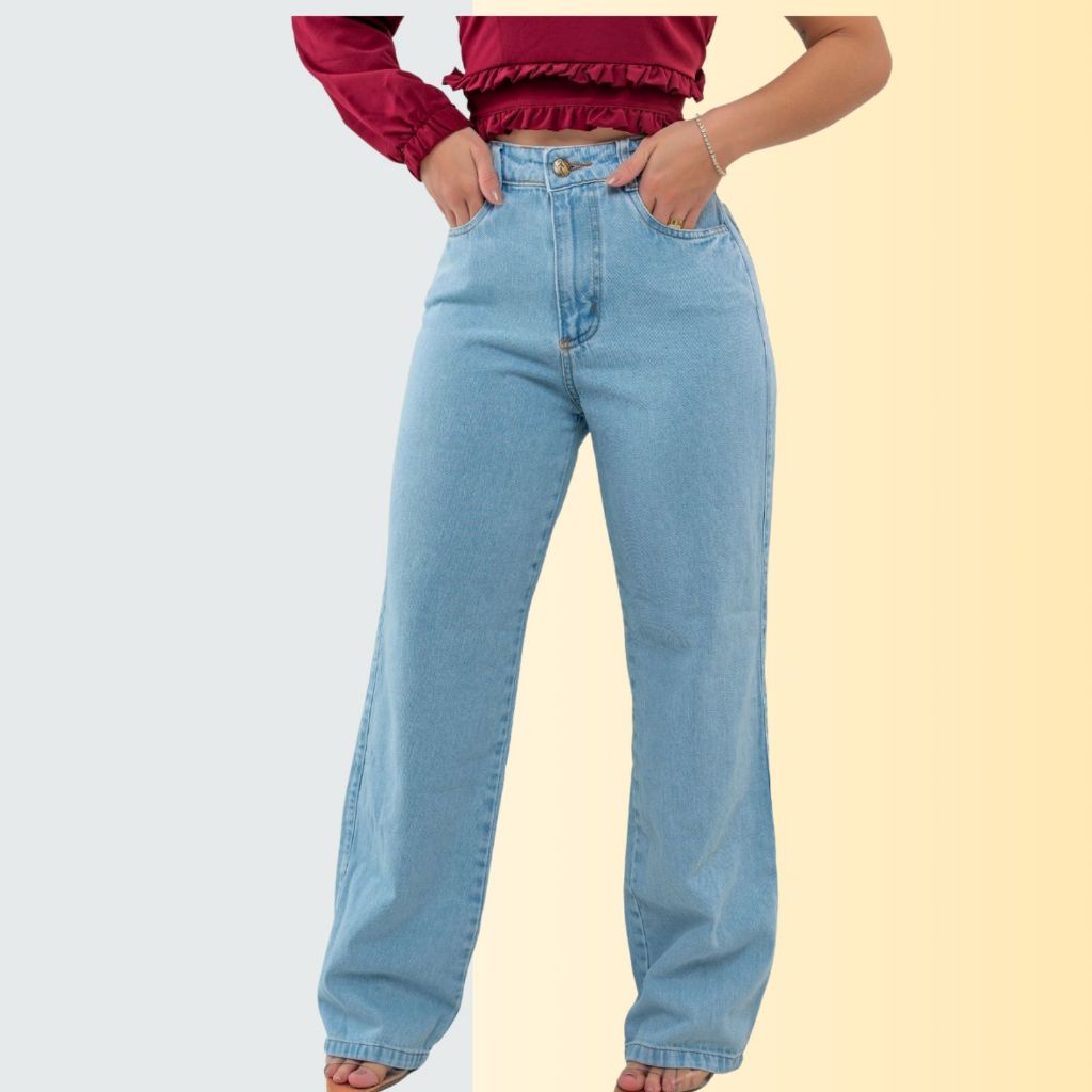 Calça wideleg jeans baggy larga 100% algodão | Shopee Brasil