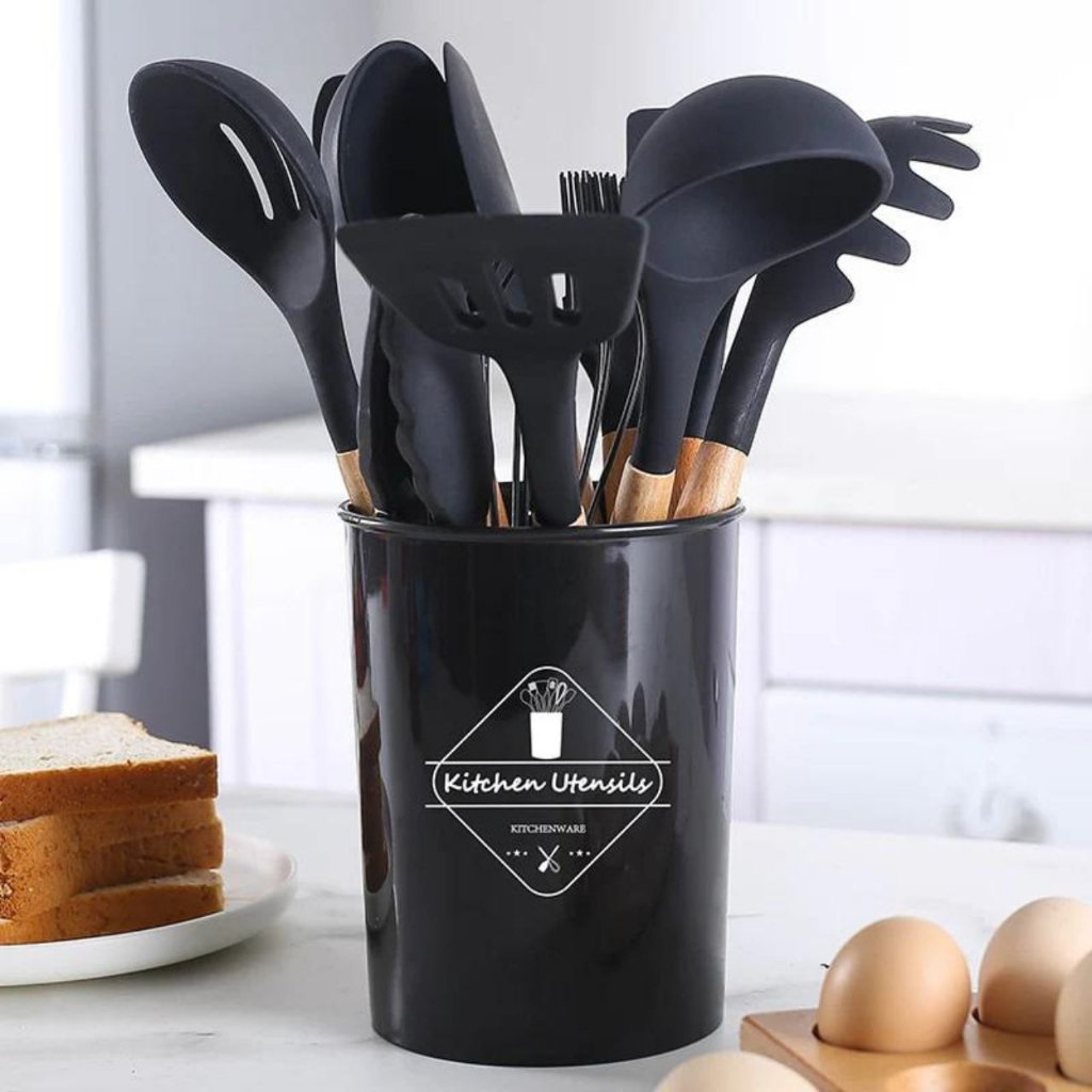 Jogo de Cozinha Kit C/12 Peças de Silicone, Utensílios e Copo Suporte para Cozinha Cabo de Madeira Su