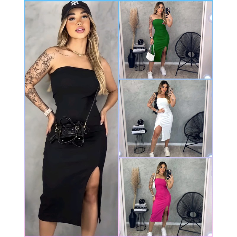 Vestido Mídi Fenda Tomara que caia COM BOJO Canelado AnaRuga