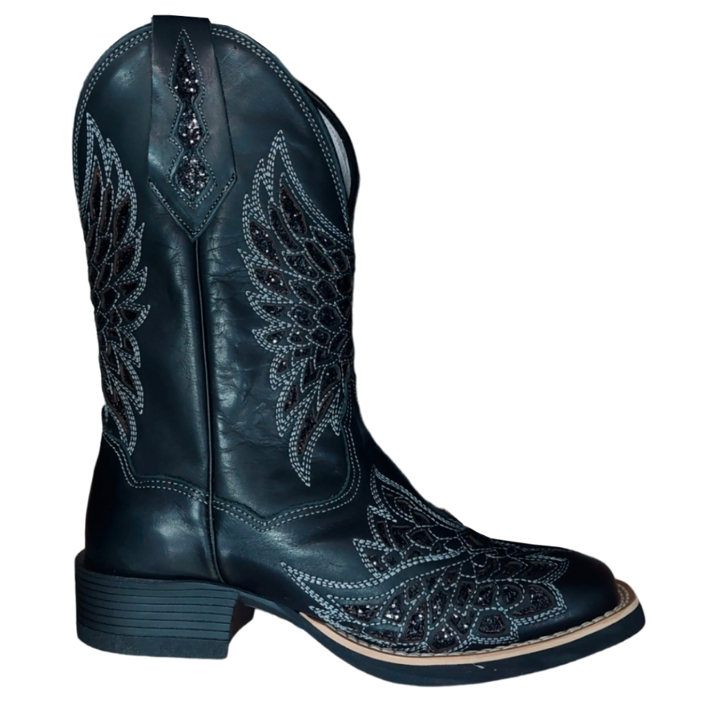 Bota Texana Feminina Corte Laser Glitter Preto Cano Alto