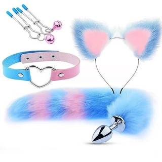 KIT PLUG RABO DE RAPOSA TIARA DE ORELHAS GRAMPO PARA SEIOS E GARGANTILHA