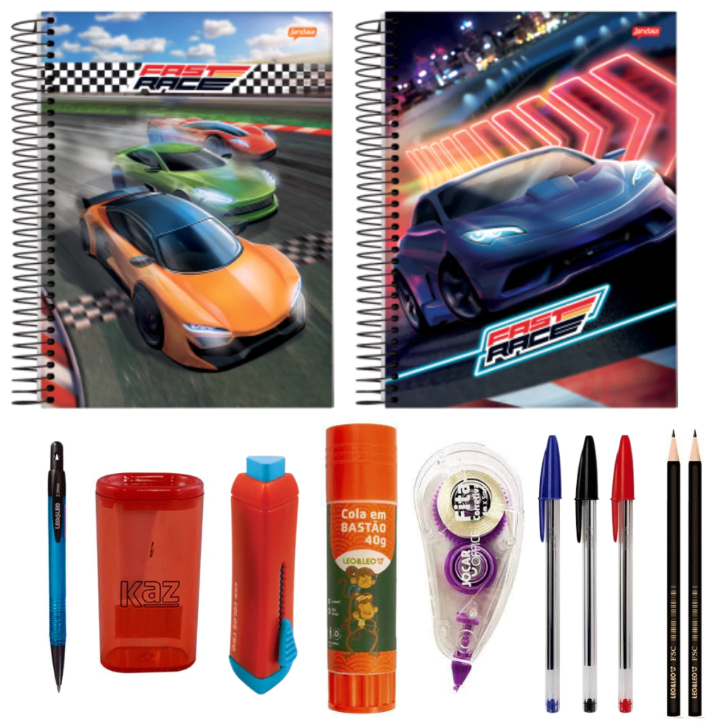 KIT ESCOLAR VOLTA AS AULAS CADERNO 10 MATERIAS + CADERNO 1 MATERIA + APONTADOR + BORRACHA RETRATIL + COLA BASTAO + FITA CORRETIVA + CANETAS + LAPIS