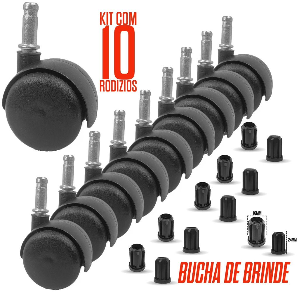 Kit com 10 Peças rodinhas cadeira escritório Slim Office Rodizio 50mm anti risco + Buchas