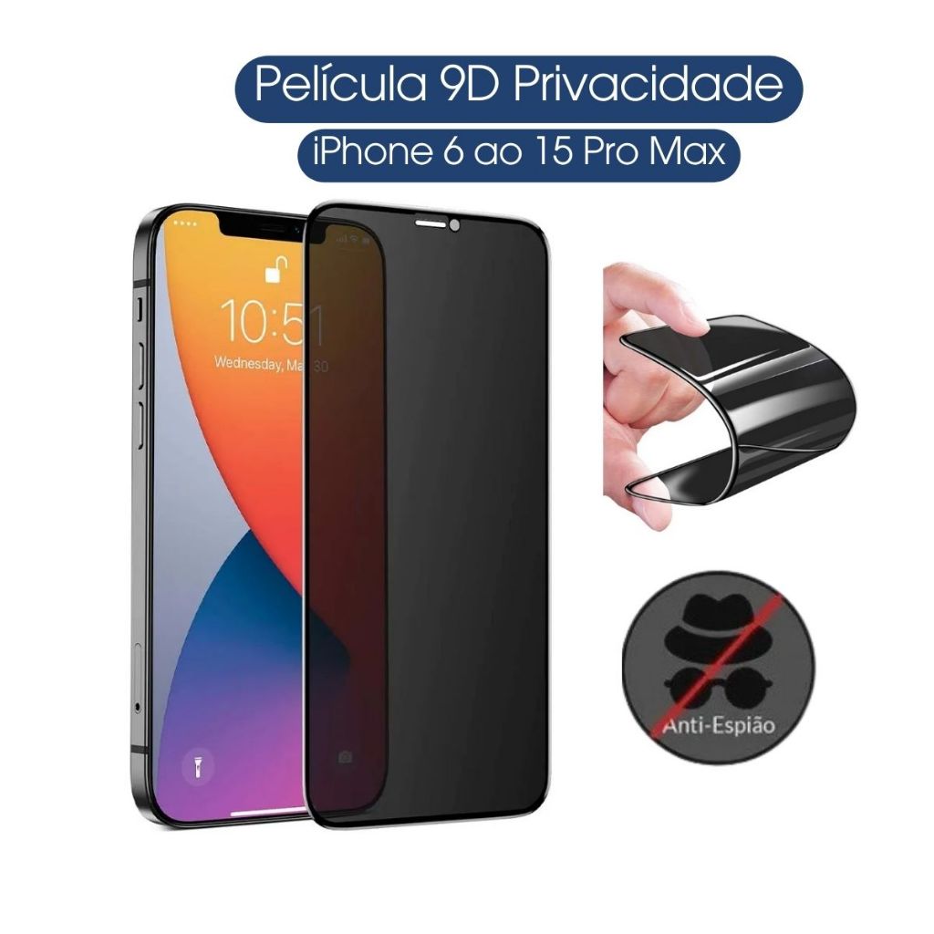 Pelicula Ceramica 9D Privativa Anti-Espião Para Todos iPhone 15 Pro Max 15 14 Pro Max 14 13 12 11 XR X 7 Plus 7 8 6 SE 2020