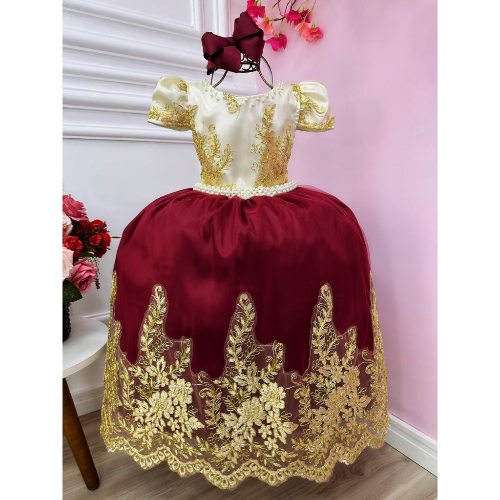 Vestido fashion dourado e marsala