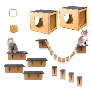 Playground para Gatos 11 Peças Mdf com Carpete Prateleiras Nicho Escadinha Degrau Ponte Diversão Pet