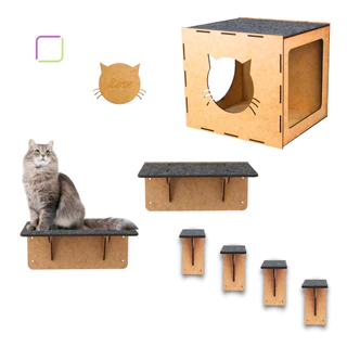 Kit Playground Gato 7 Peças Nicho Casinha com Carpete Prateleira Degrau Circuito Suspenso Parede Mdf