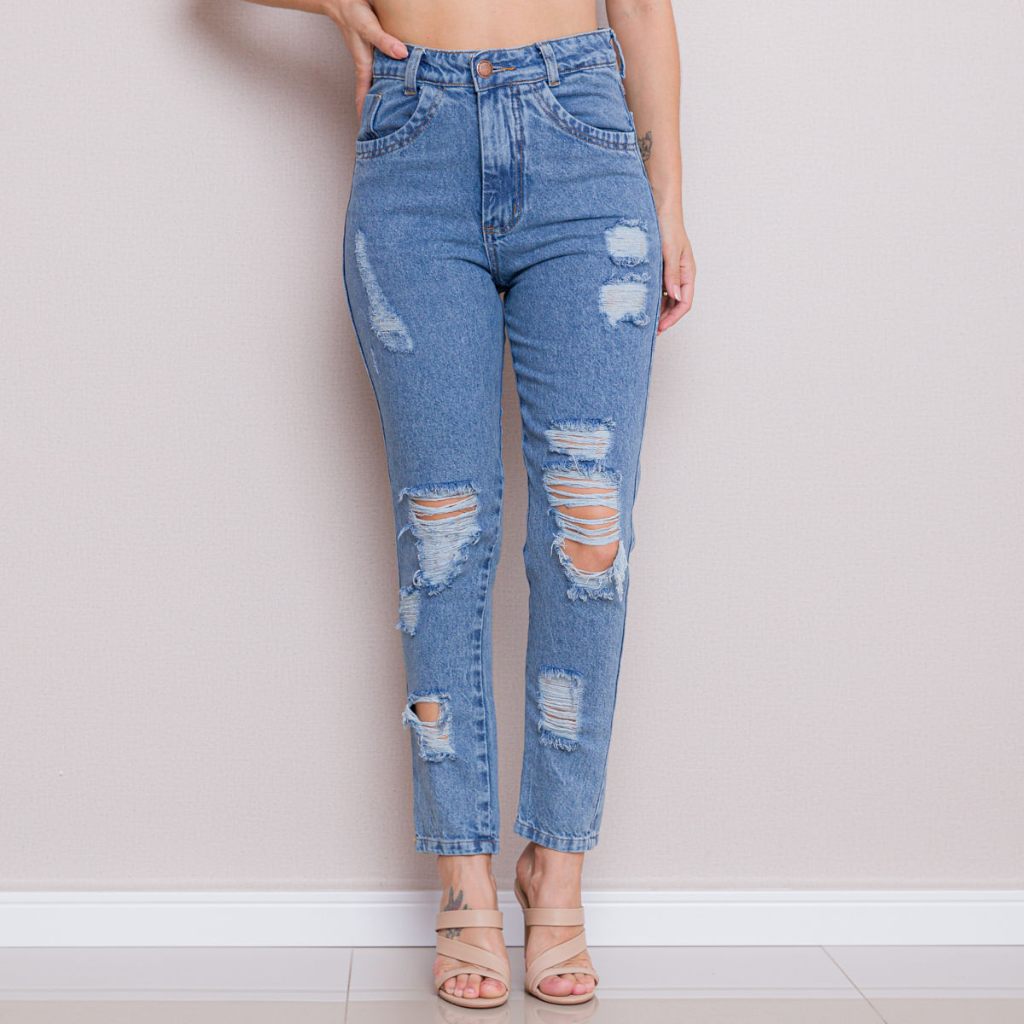 calça mom jeans feminina rasgada moda | Shopee Brasil