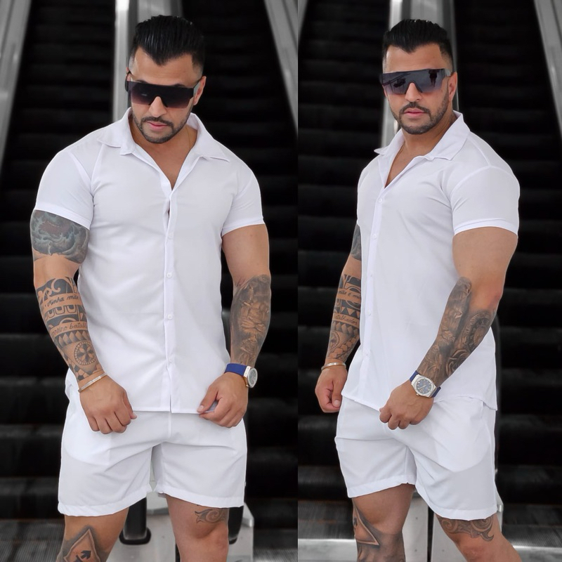 Conjunto Praia Branco C Elastano Camisa e Short Masculino Tecido Tactel Ano Novo Réveillon